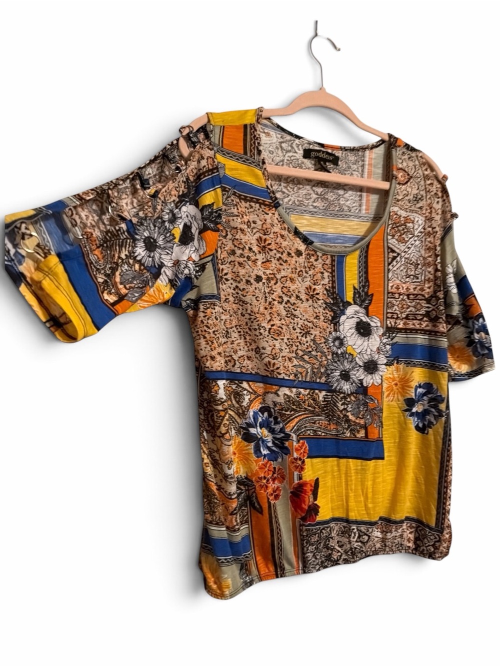 Goddess Floral Patchwork Cold Shoulder Top Ring Sleeves - Size XL